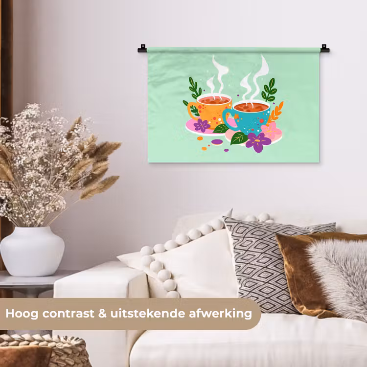Wandkleed - Thee - Illustratie - Kopjes - Bloemen — 4