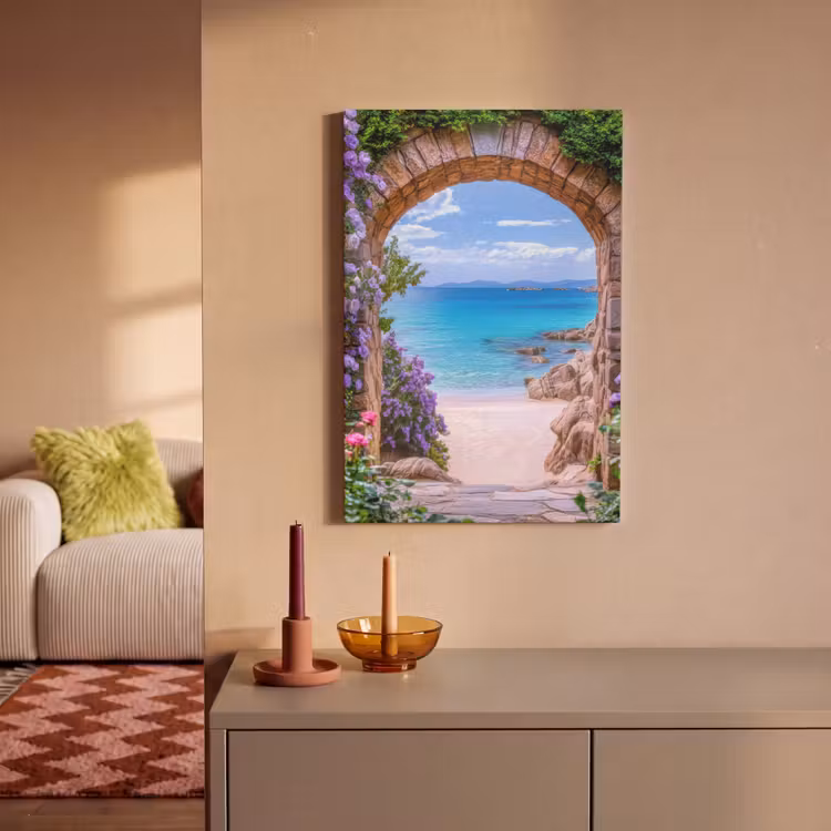 Canvas schilderij - Doorkijk - Poort - Zee - Strand - Rotsen — 2