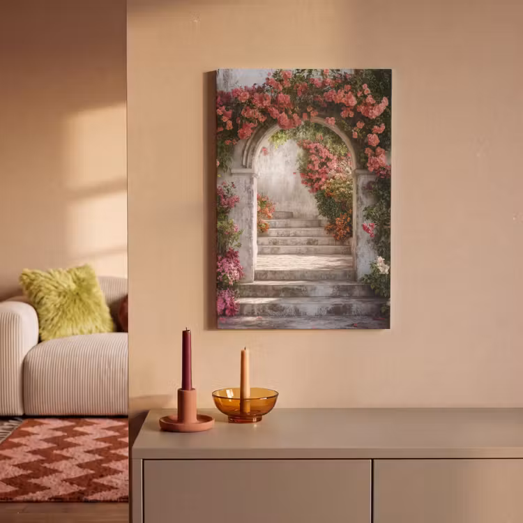 Canvas schilderij - Stenen Boog met Roze Bloemen — 2
