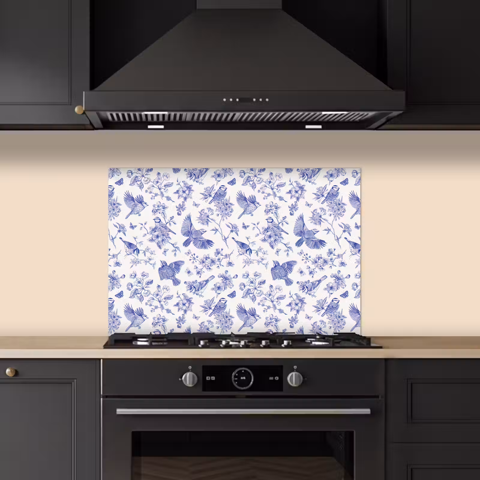 Spatscherm keuken - Birds - Flowers - Blue — 1