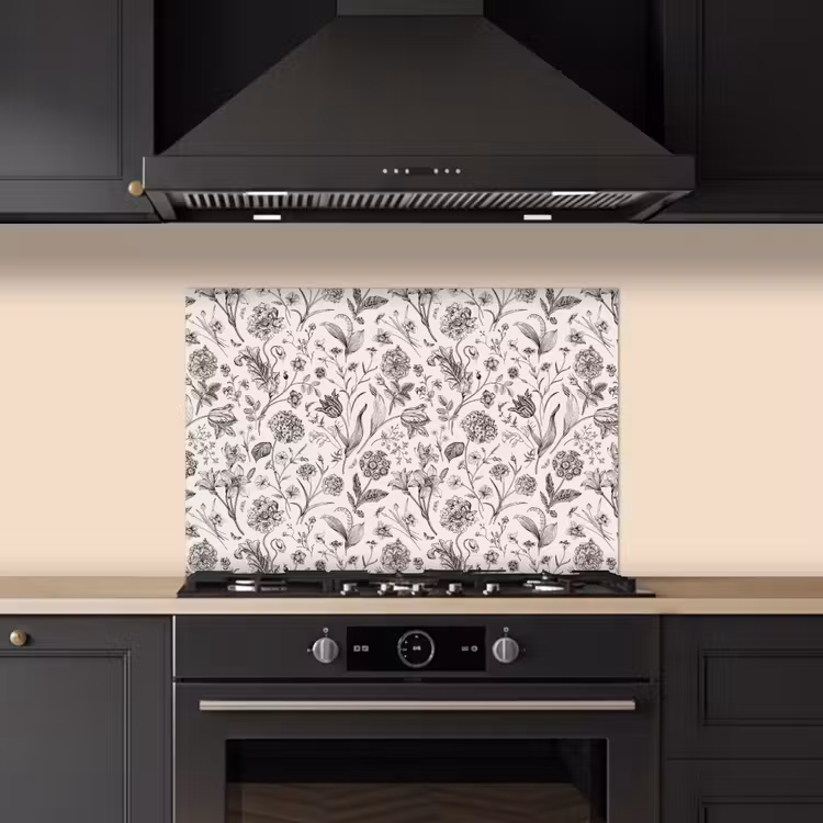 Spatscherm keuken - Classic - Black - White - Floral — 1