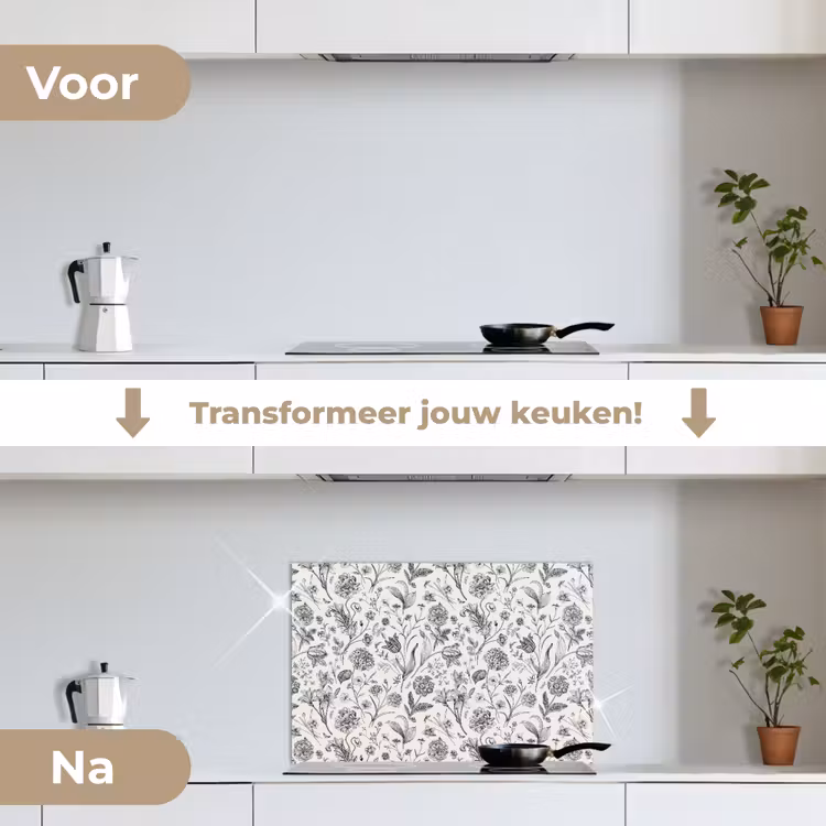 Spatscherm keuken - Classic - Black - White - Floral — 2