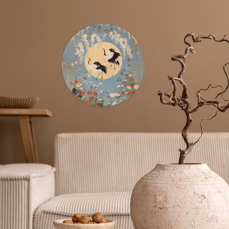 Behangcirkel - Kraanvogels - Maan - Bloemen - Blauw — 2