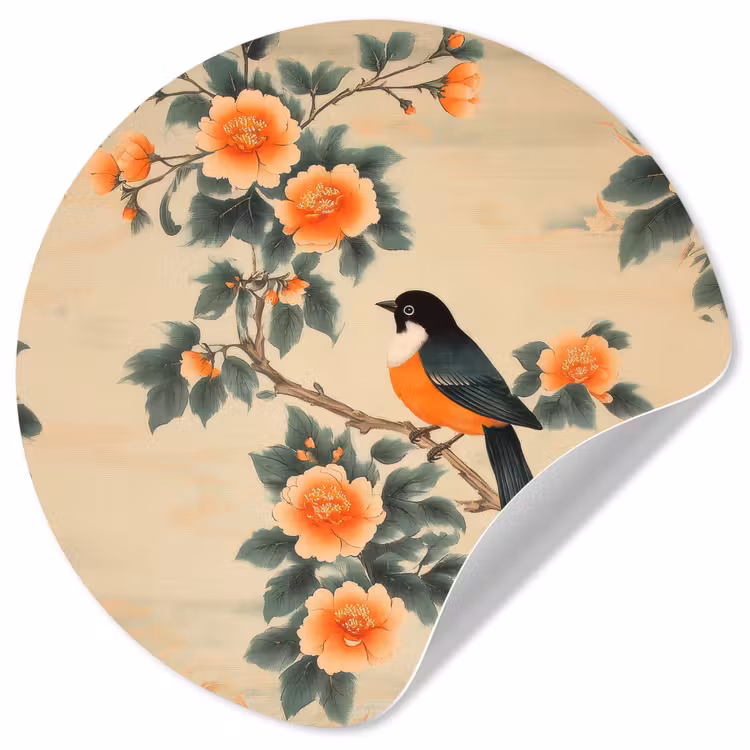 Behangcirkel - Vogel - Tak - Bloemen - Oranje — 1