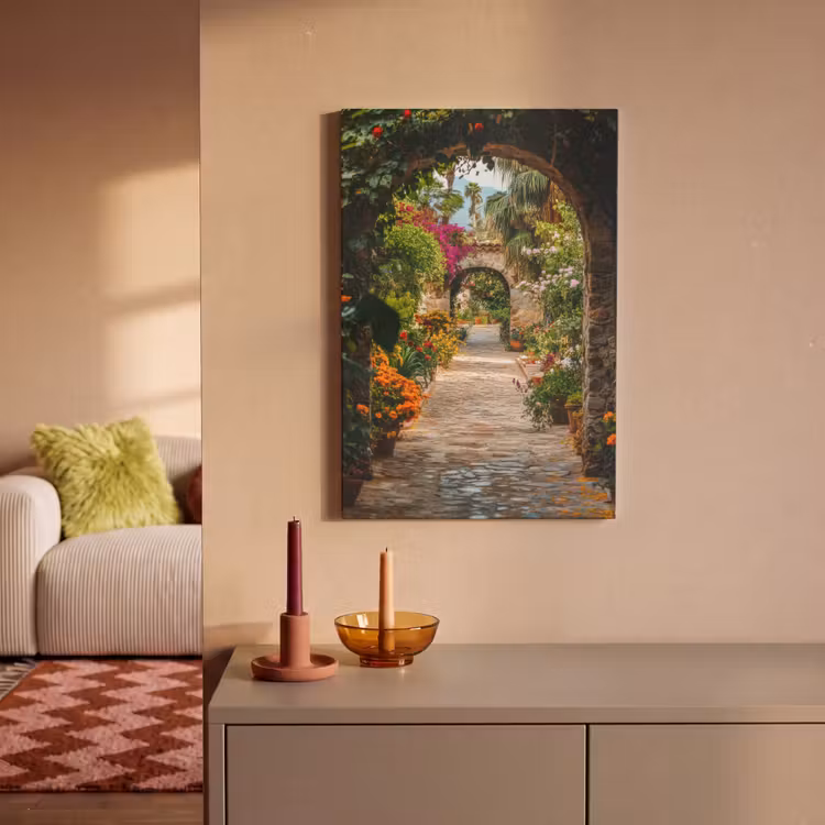 Canvas schilderij - Doorkijk - Bloemen - Poort - Stenen — 2
