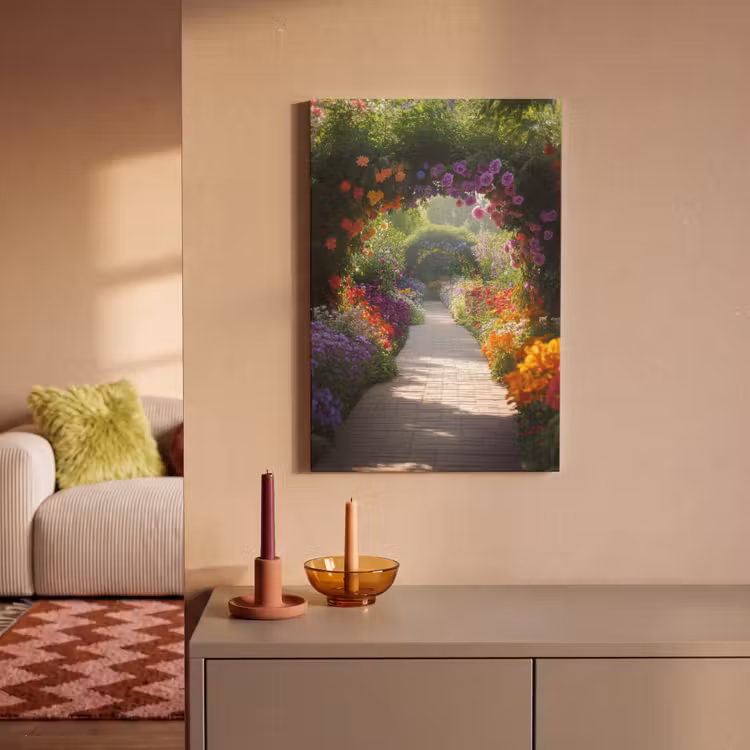 Canvas schilderij - Doorkijk - Pad - Bloemen - Struik - Kleurrijk — 2