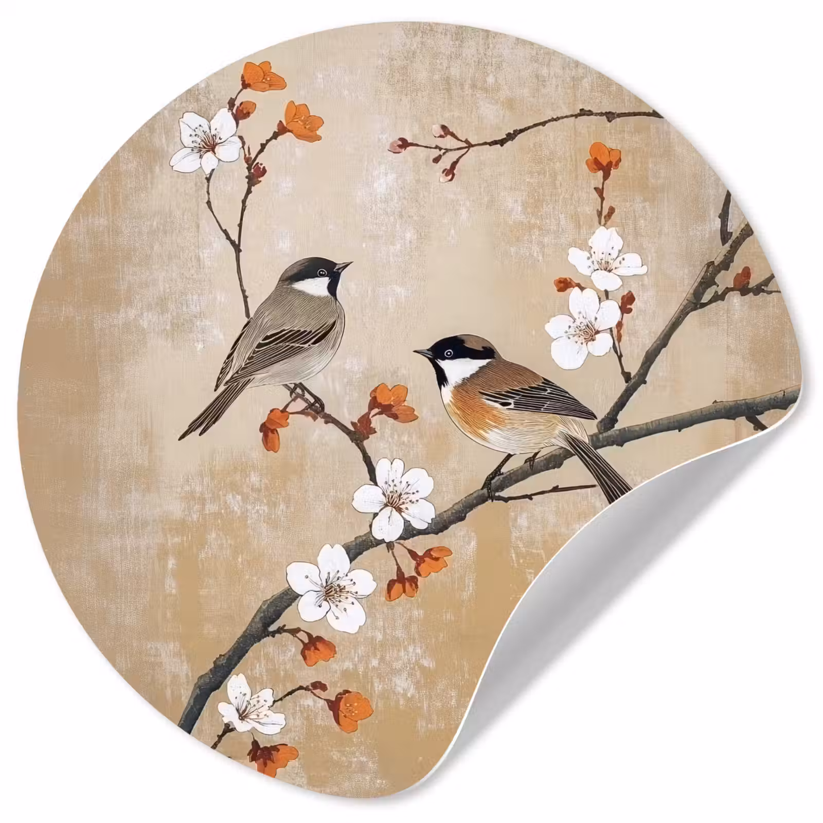 Behangcirkel - Vogels - Bloesemtak - Bloemen - Oranje — 1