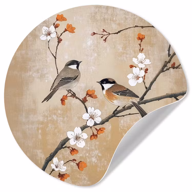 Behangcirkel - Vogels - Bloesemtak - Bloemen - Oranje — 1