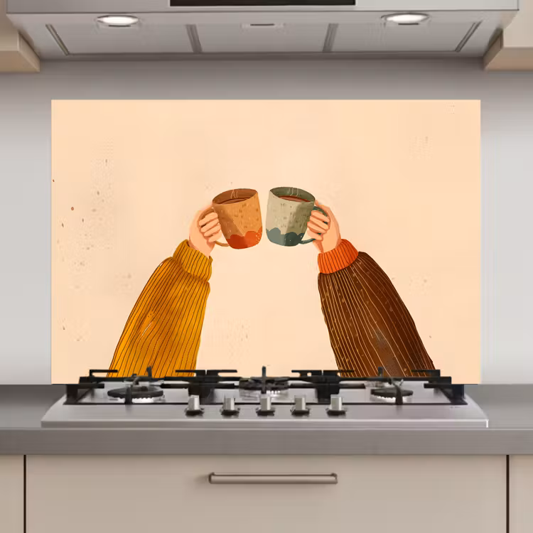 Spatscherm keuken - Illustratie - Mokken - Proosten - Bruin — 1