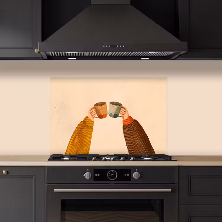 Spatscherm keuken - Illustratie - Mokken - Proosten - Bruin — 2