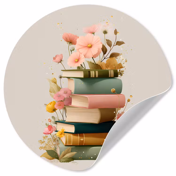 Behangcirkel - Boeken - Stapel - Bloemen - Kleurrijk — 1