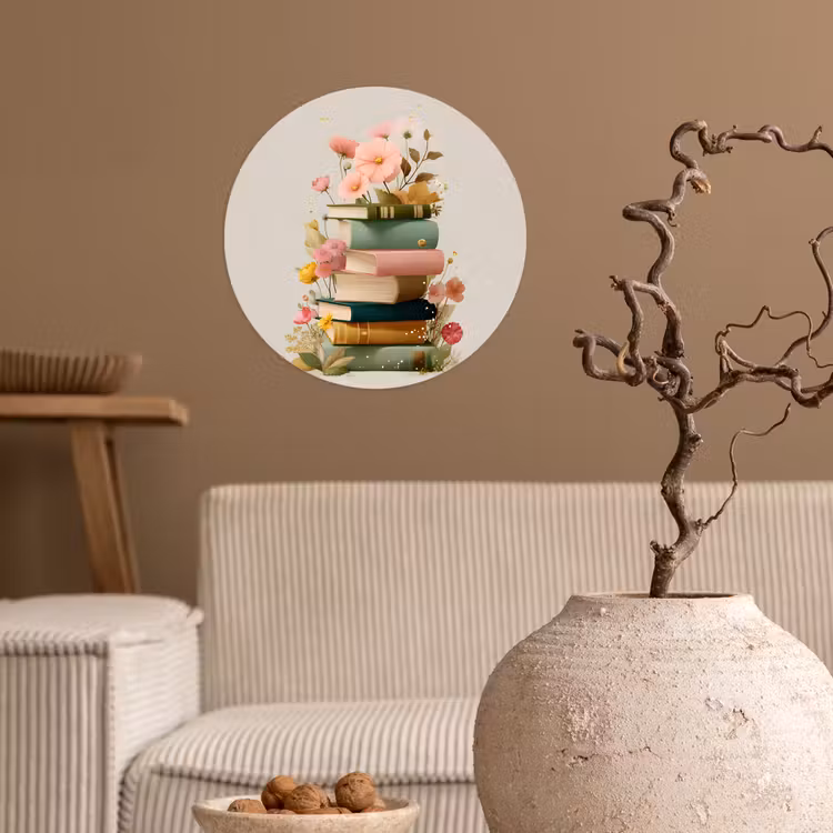 Behangcirkel - Boeken - Stapel - Bloemen - Kleurrijk — 2