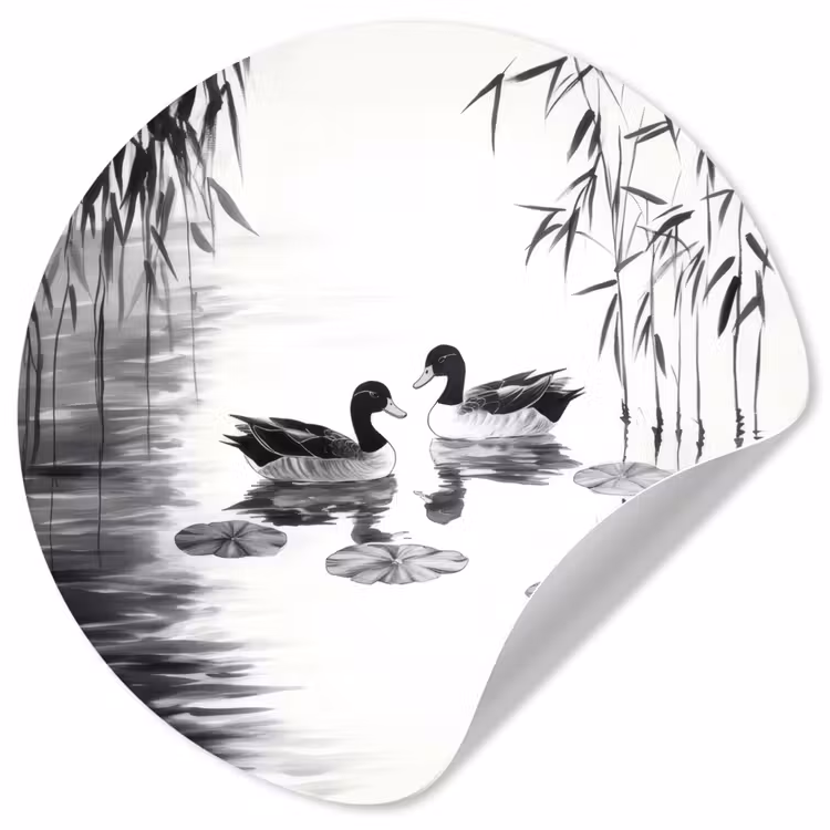 Behangcirkel - Eenden - Waterlelies - Riet - Zwart — 1