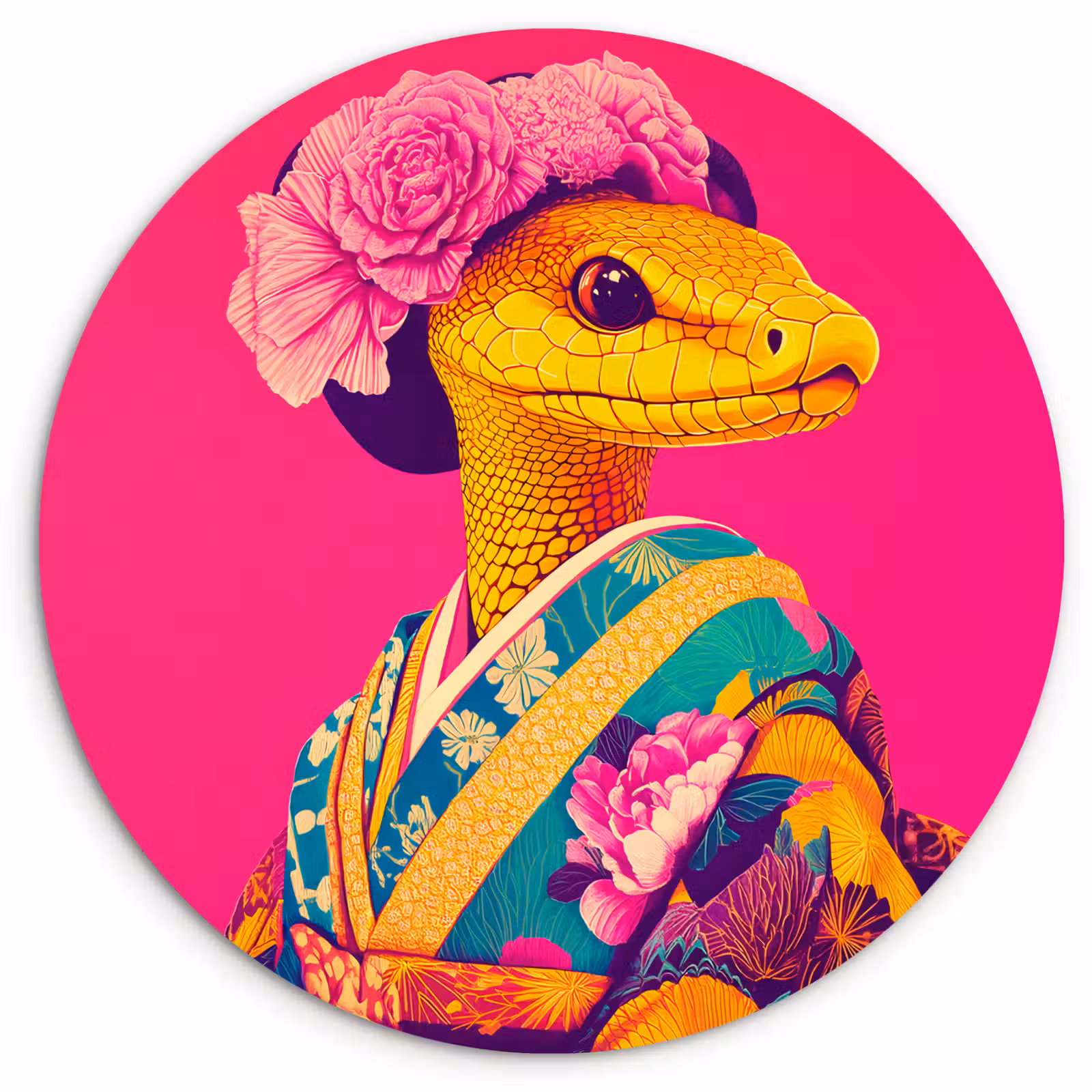 Muurcirkel - Hagedis - Bloemen - Roze - Kimono — 1