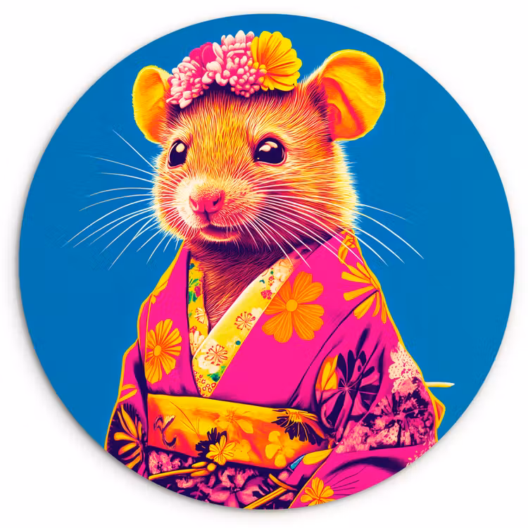 Muurcirkel - Muis - Kimono - Bloemen - Blauw — 1