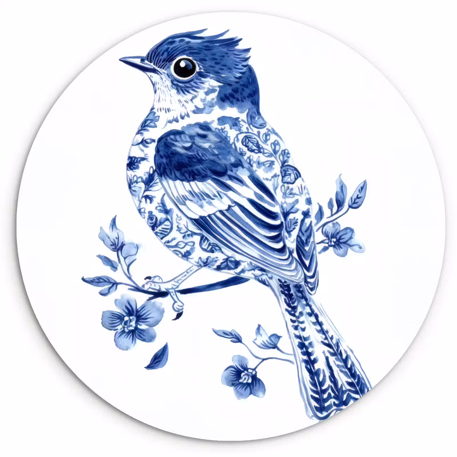 Muurcirkel - Vogel - Delfts blauw - Illustratie - Bloemen — 1