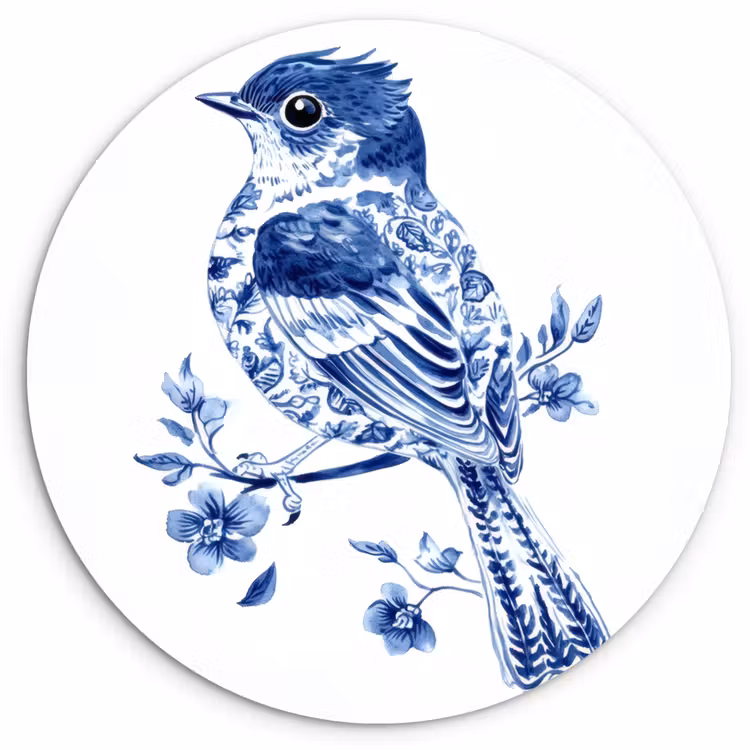 Muurcirkel - Vogel - Delfts blauw - Illustratie - Bloemen — 1