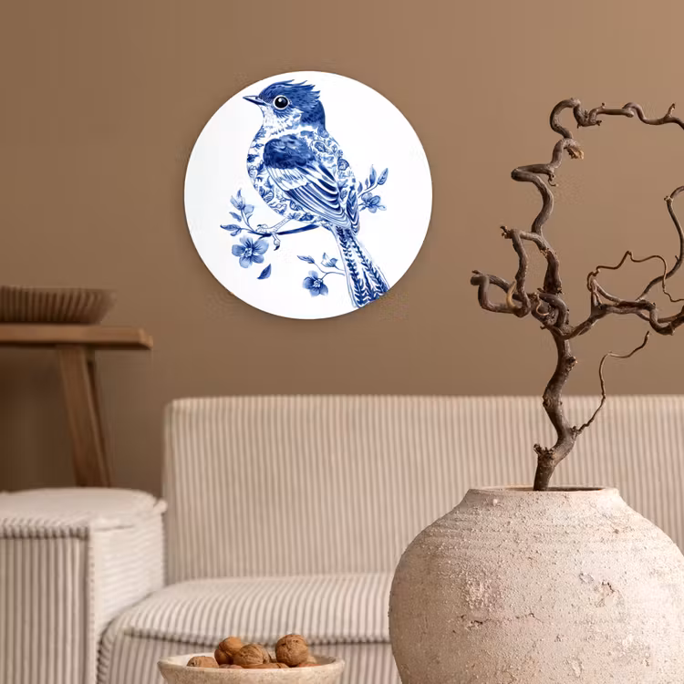 Muurcirkel - Vogel - Delfts blauw - Illustratie - Bloemen — 2