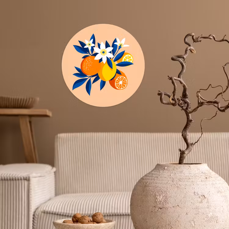 Behangcirkel - Illustratie - Sinaasappels - Donkerblauw - Bloemen — 2