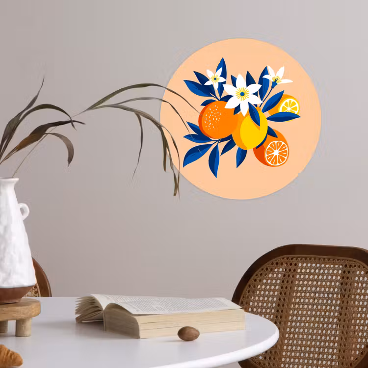 Behangcirkel - Illustratie - Sinaasappels - Donkerblauw - Bloemen — 4