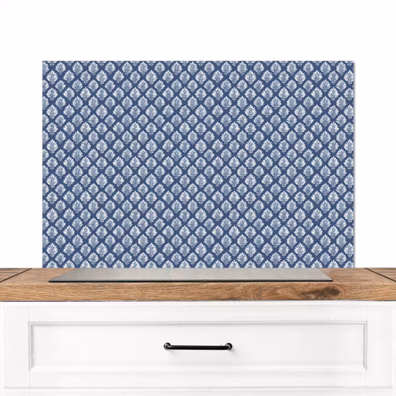 Spatscherm keuken - Bladeren - Wit - Blauw - Patroon — 1