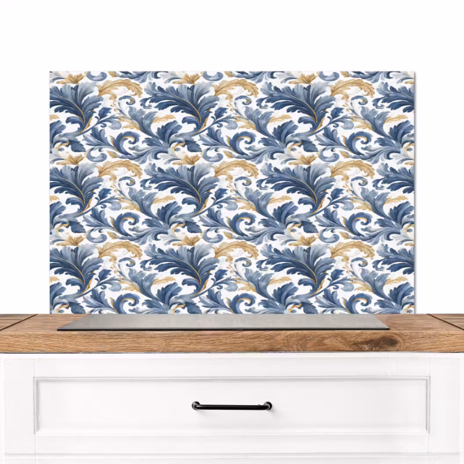 Spatscherm keuken - Bloem - Blauw - Goud - Patroon — 1