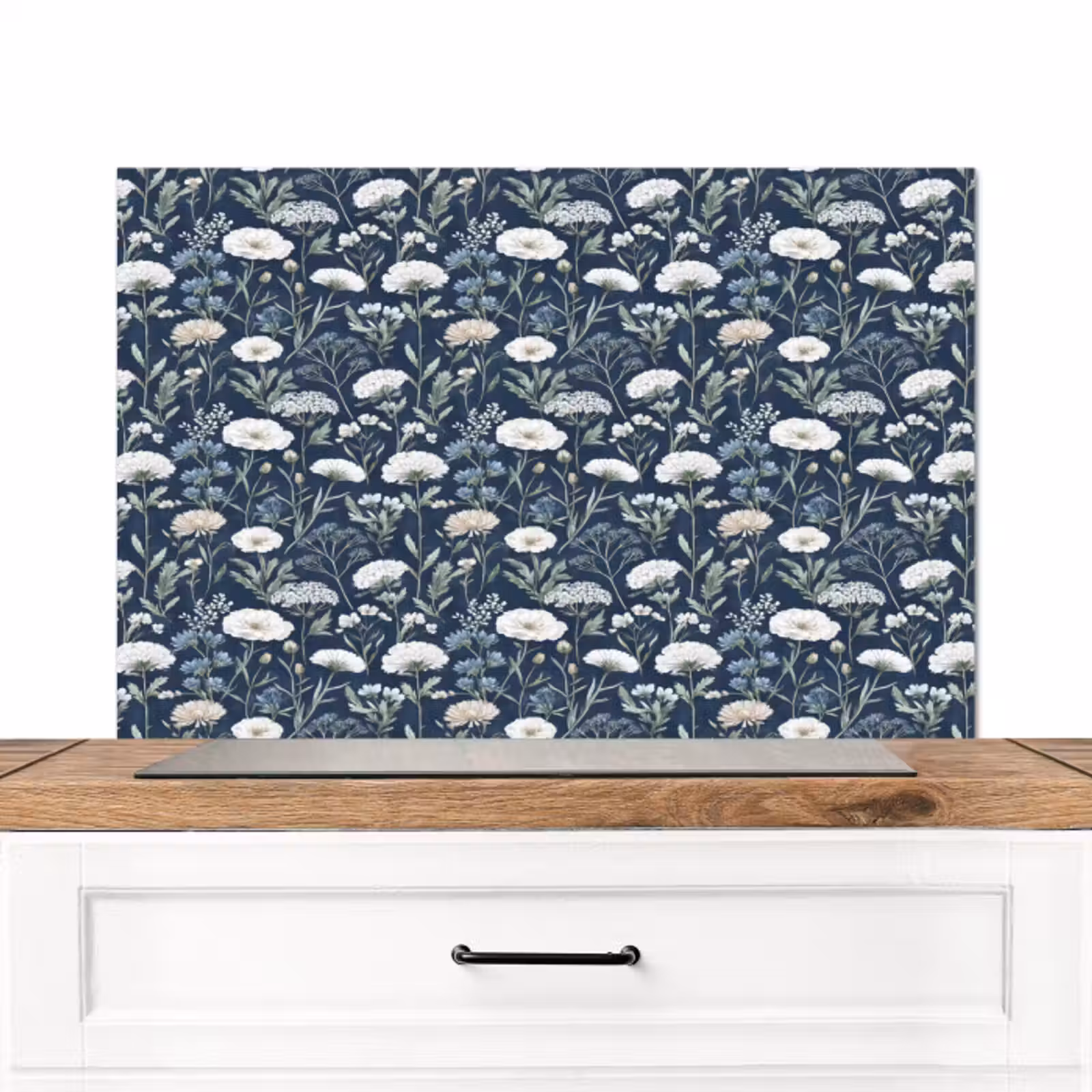 Spatscherm keuken - Patroon - Bloemen - Wit - Blauw — 1