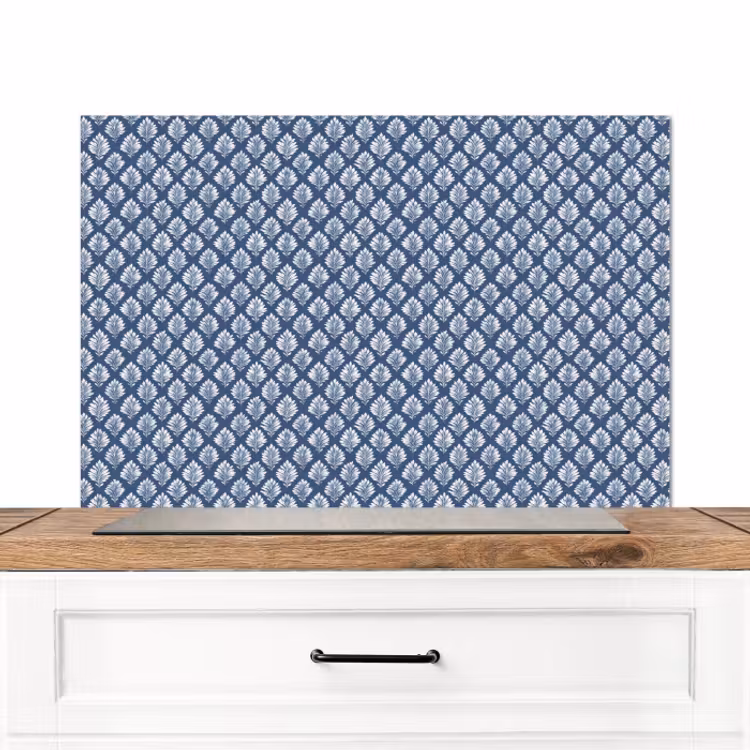 Spatscherm keuken - Bladeren - Wit - Blauw - Patroon — 1