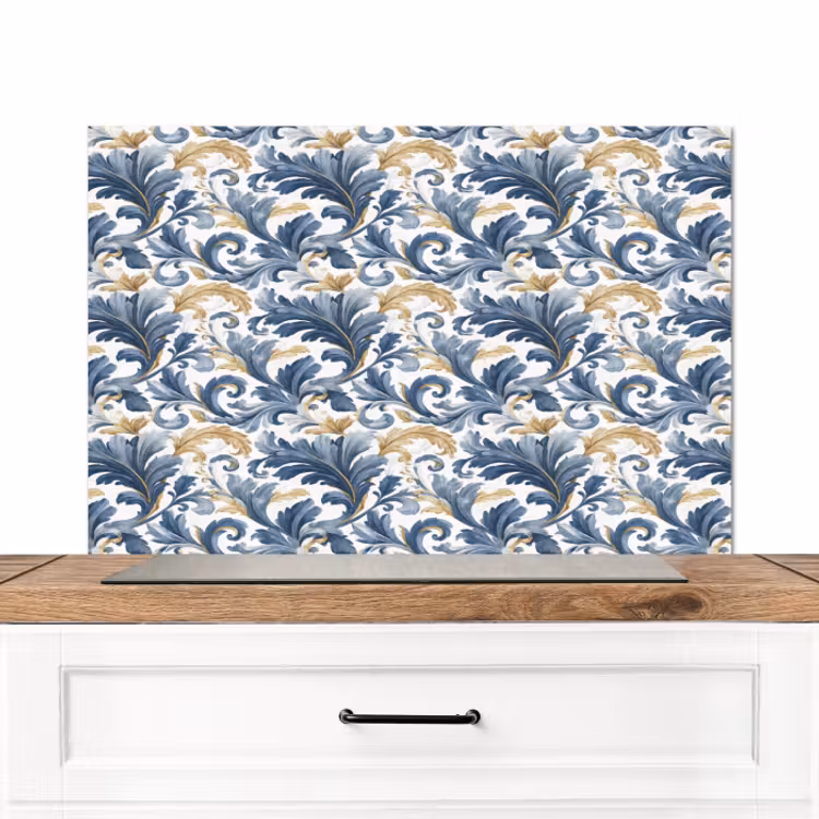 Spatscherm keuken - Bloem - Blauw - Goud - Patroon — 1