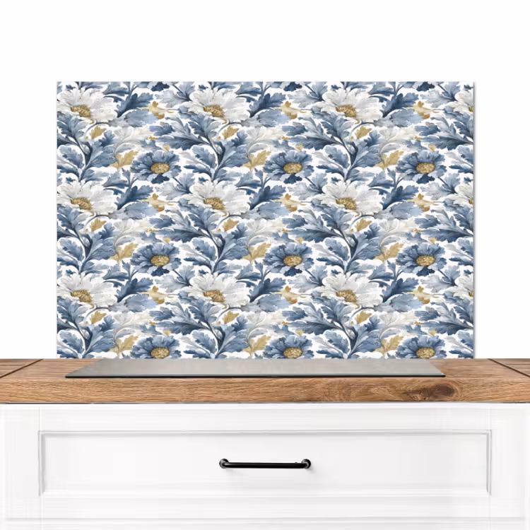 Spatscherm keuken - Bloemen - Wit - Blauw — 1