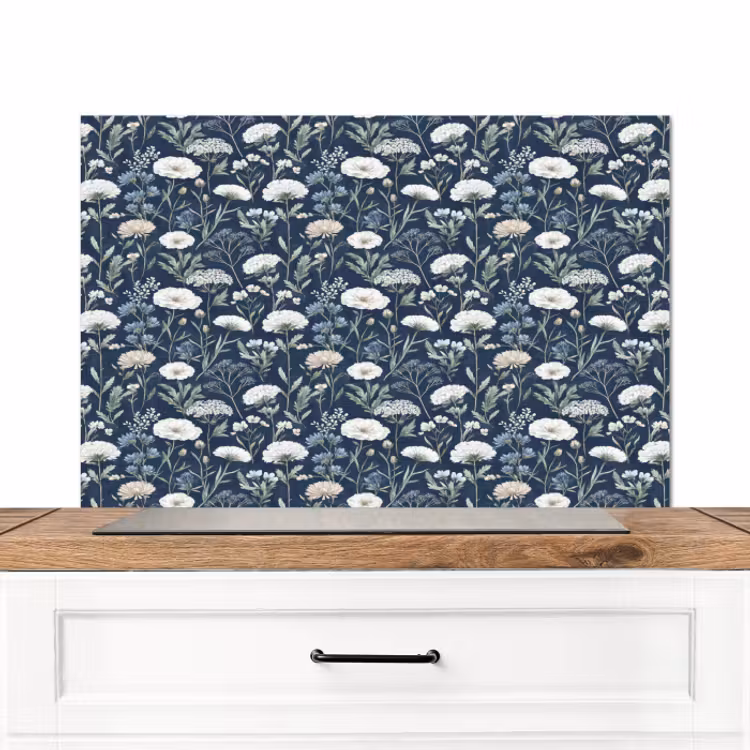 Spatscherm keuken - Patroon - Bloemen - Wit - Blauw — 1