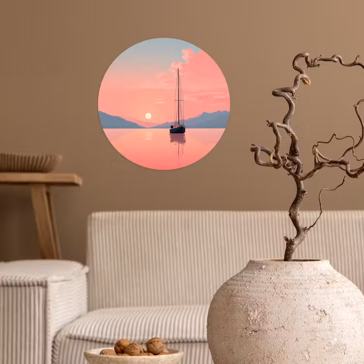 Behangcirkel - Zeilboot - Roze zee - Zonsondergang - Bergen — 2