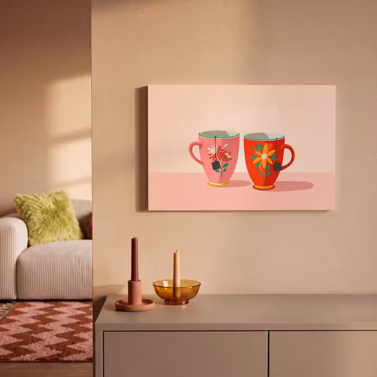 Canvas schilderij - Theekopjes - Bloemmotieven - Roze - Theezakjes — 2
