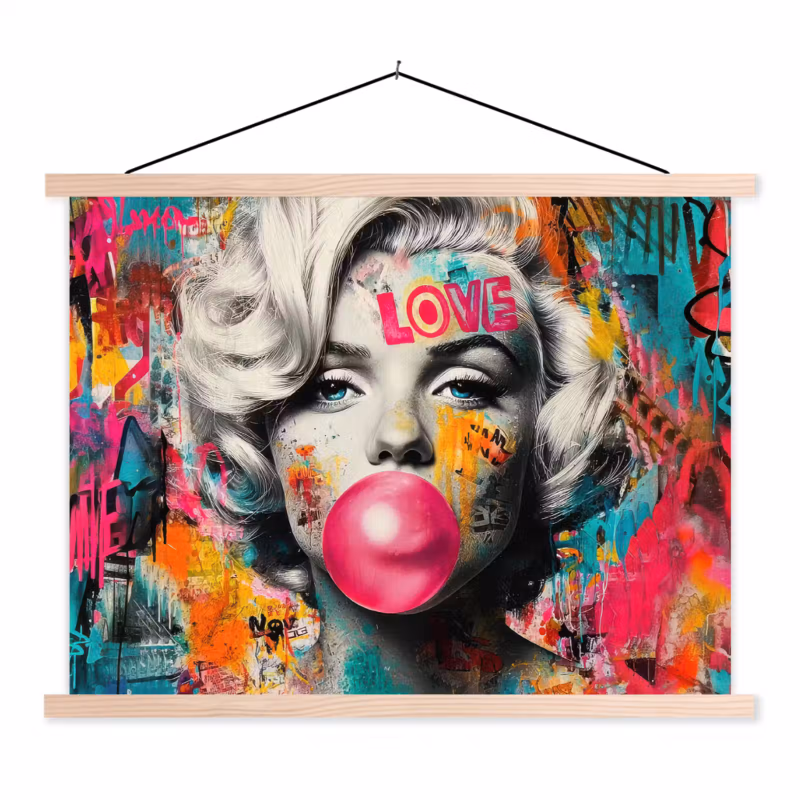 textielposter latten blank - Vrouw - Kauwgom - Graffiti - Neonkleuren — 1
