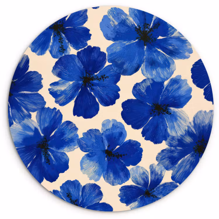Muurcirkel - Bloemen - Blauw -Patroon - Wit — 1