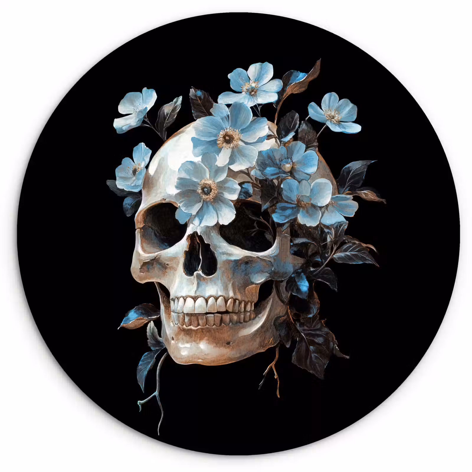 Muurcirkel - Schedel - Blauw - Bloemen - Bladeren — 1
