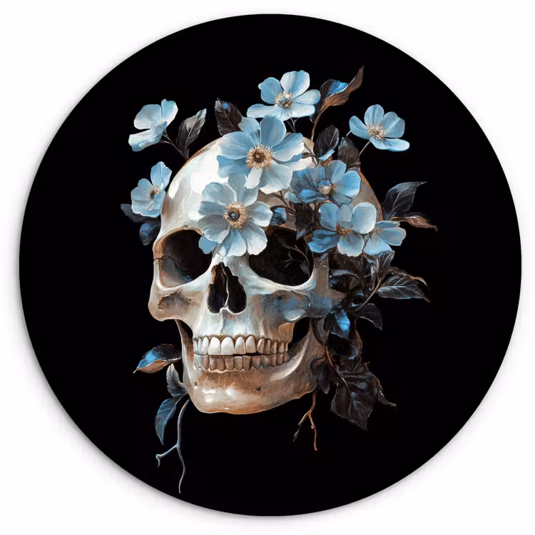 Muurcirkel - Schedel - Blauw - Bloemen - Bladeren — 1