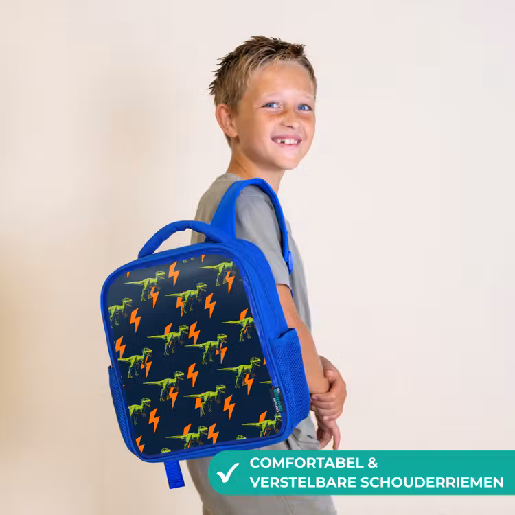 Rugzak kind - blauw - Bliksemschichten - Oranje - Dinosaurussen — 4