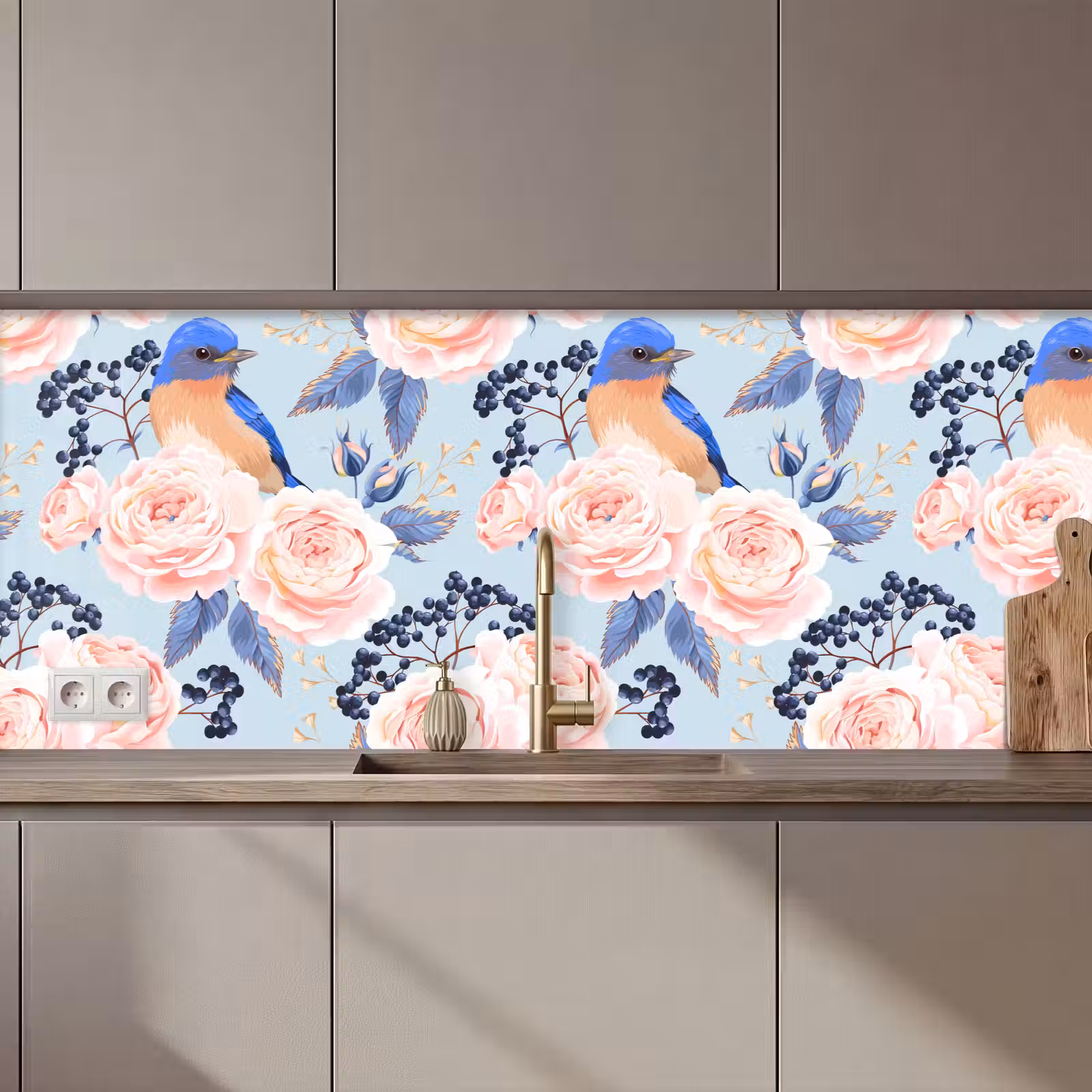 Keuken achterwand - Patronen - Roos - Vogel - Blauw — 1
