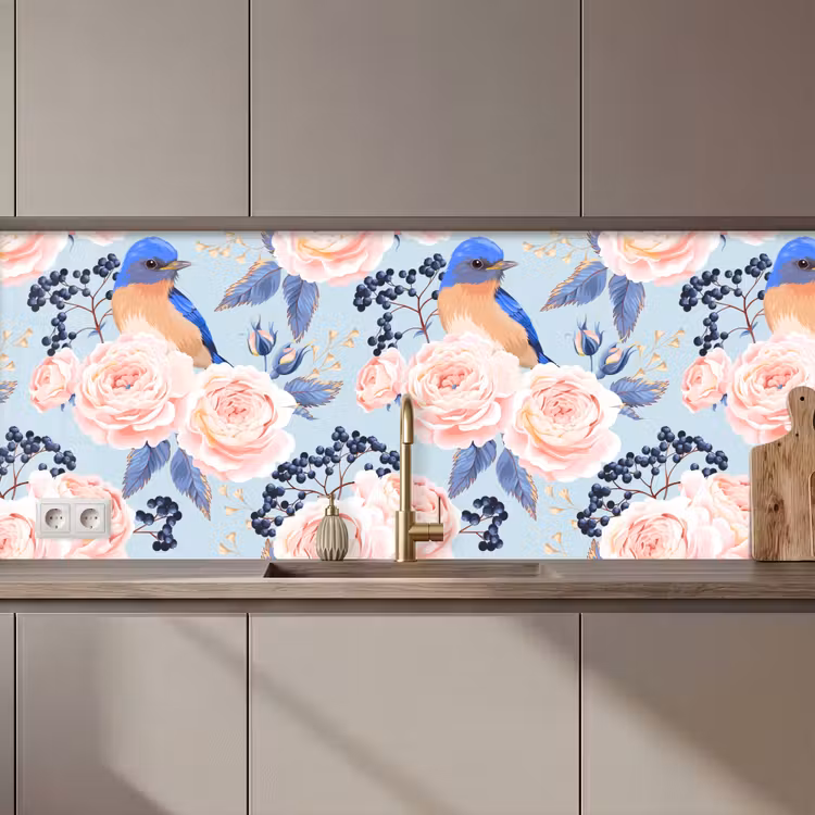 Keuken achterwand - Patronen - Roos - Vogel - Blauw — 1