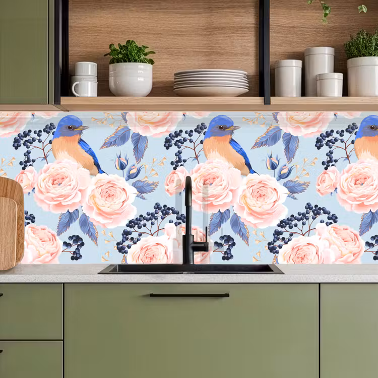 Keuken achterwand - Patronen - Roos - Vogel - Blauw — 5