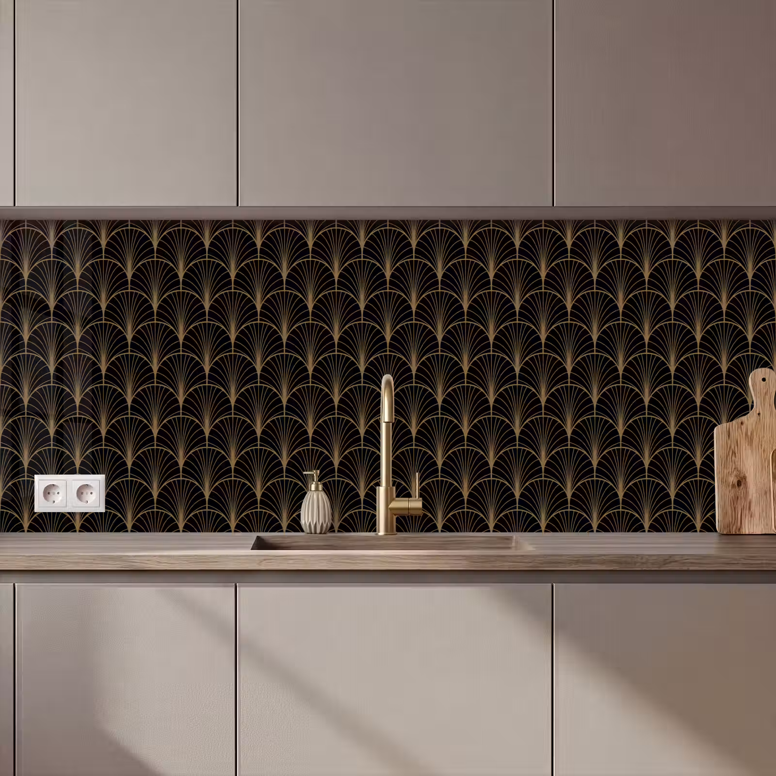 Keuken achterwand - Gouden - Waaiers - Zwart — 1