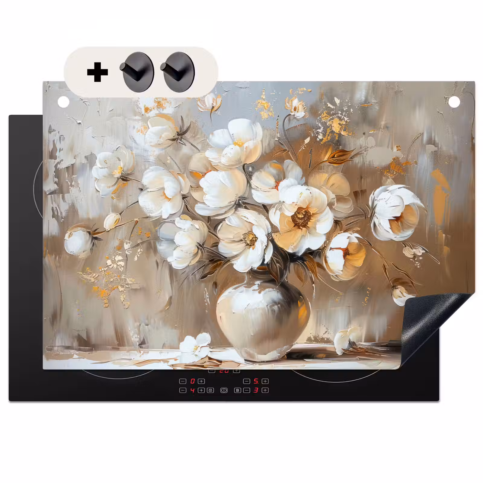 Inductie beschermer en spatscherm (2in1) - Vaas - Bloemen - Kunst - Goud — 1