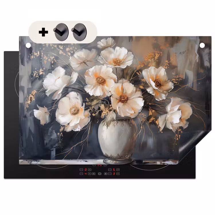 Inductie beschermer en spatscherm (2in1) - Bloemen - Wit - Vaas - Modern — 1