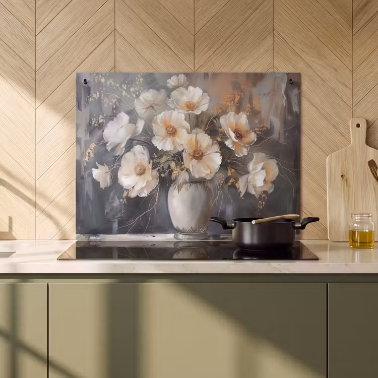 Inductie beschermer en spatscherm (2in1) - Bloemen - Wit - Vaas - Modern — 2