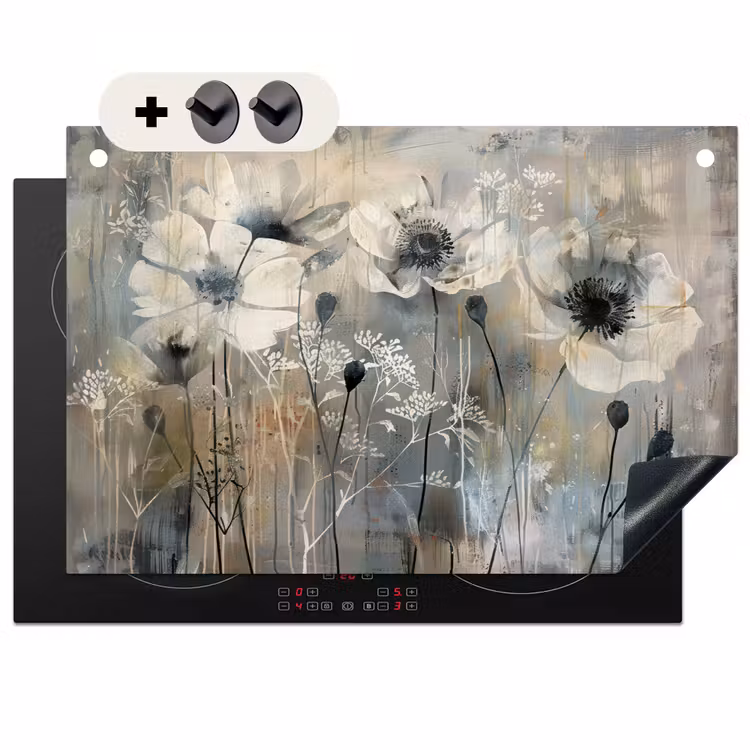 Inductie beschermer en spatscherm (2in1) - Bloemen - Planten - Grijs - Abstract — 1