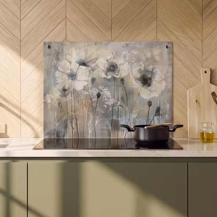 Inductie beschermer en spatscherm (2in1) - Bloemen - Planten - Grijs - Abstract — 2