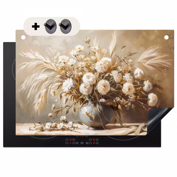 Inductie beschermer en spatscherm (2in1) - Bloemen - Vaas - Stilleven - Beige — 1