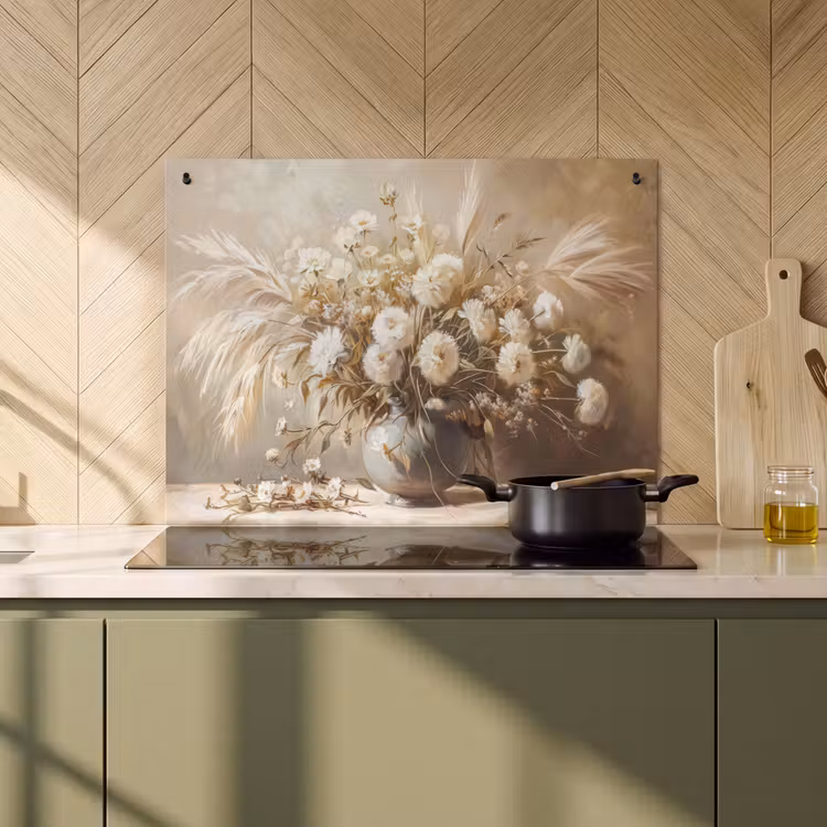 Inductie beschermer en spatscherm (2in1) - Bloemen - Vaas - Stilleven - Beige — 2