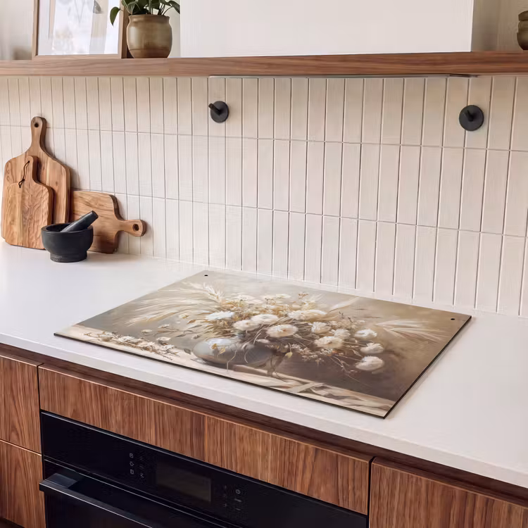 Inductie beschermer en spatscherm (2in1) - Bloemen - Vaas - Stilleven - Beige — 3